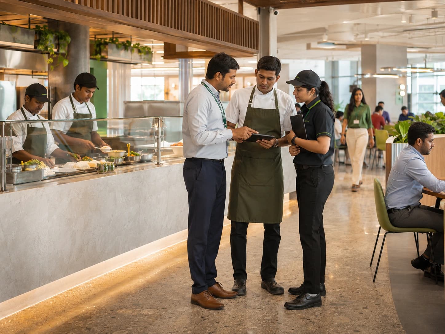WeCare operations leadership reviewing workplace food service