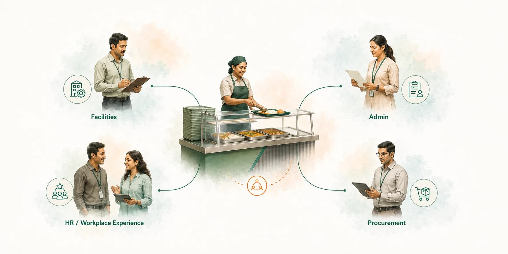 Diagram of multiple internal teams connected around one food-service operation