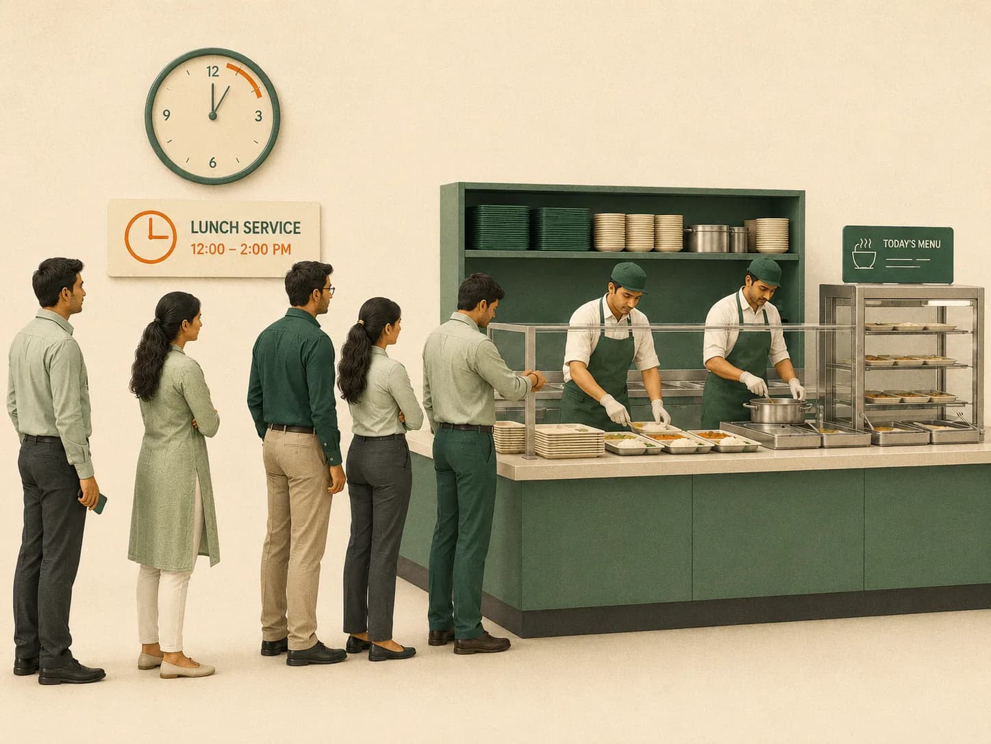 Employees queuing as the lunch counter opens late