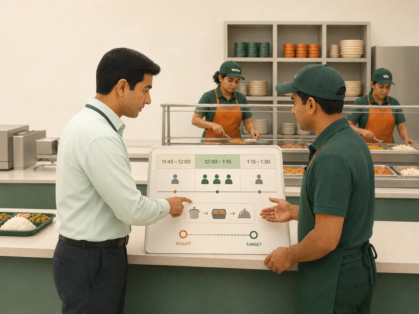 Workplace operations team adjusting counter timing and staffing