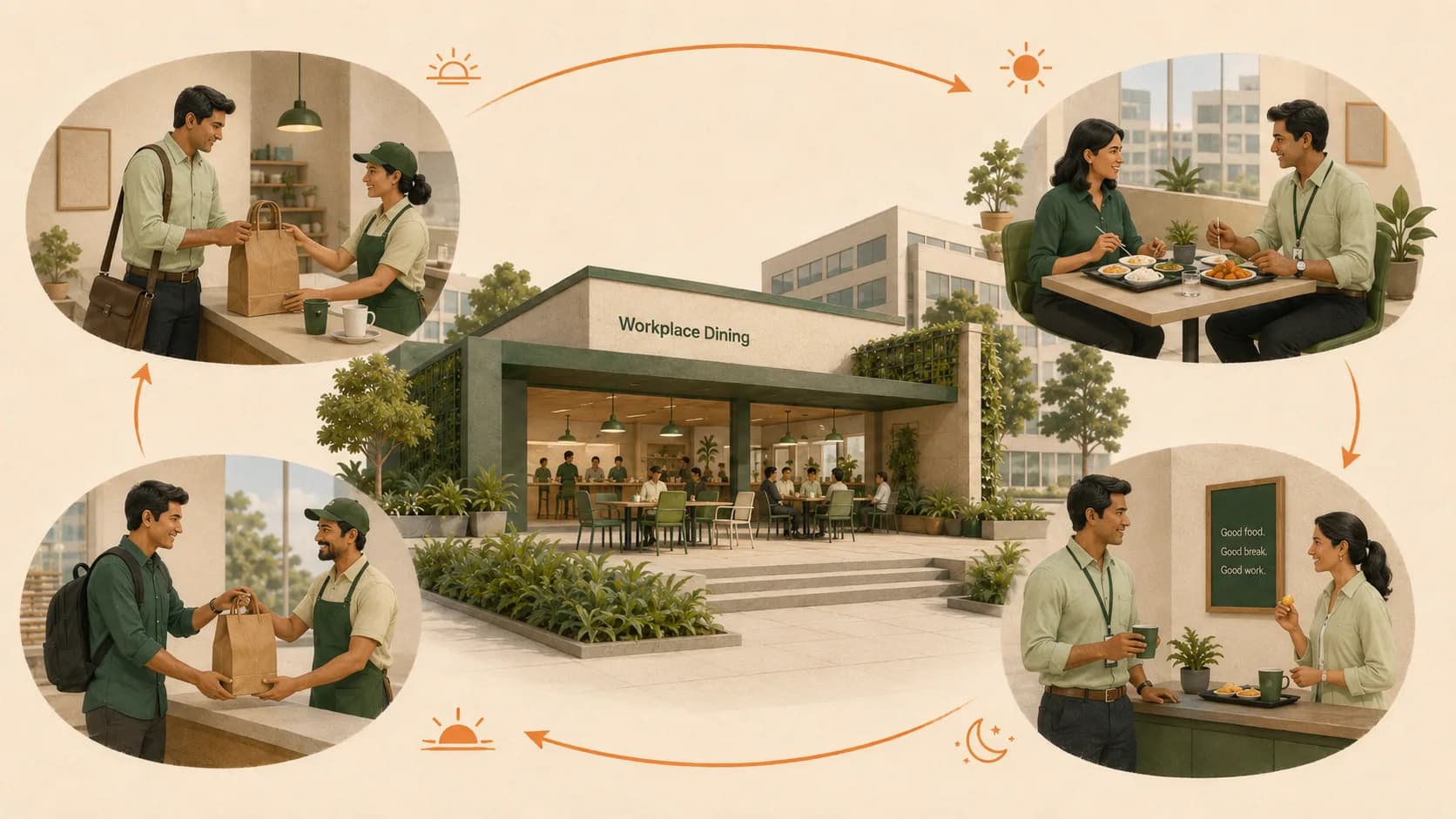 A continuous daily workplace meal service, from early preparation through the evening meal