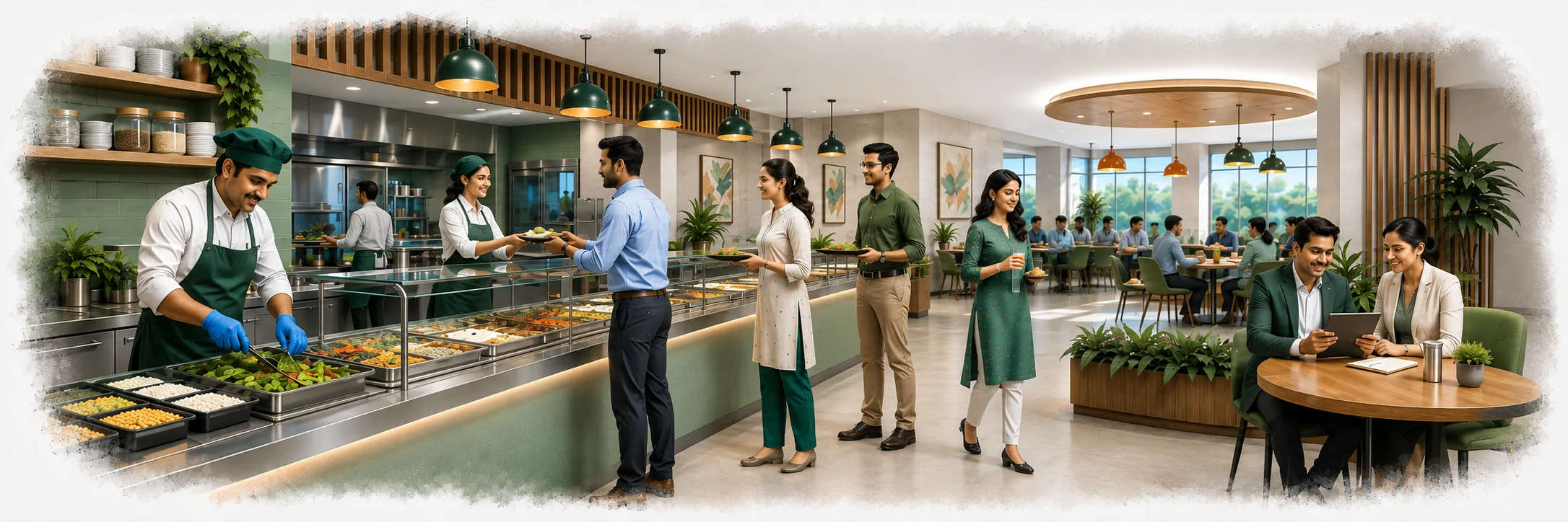 WeCare kitchen staff preparing and serving a workplace cafeteria meal