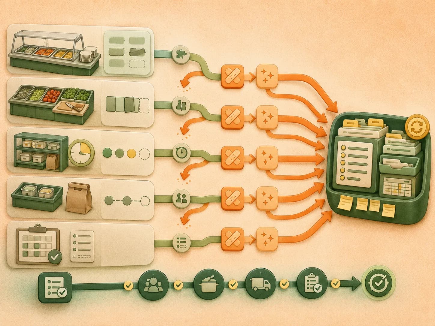 Cause-and-effect chain from a fragmented setup to repeated client work